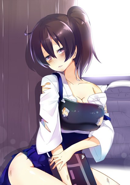 Anime picture 723x1023 with kantai collection kaga aircraft carrier nyori single tall image blush short hair breasts light erotic brown hair large breasts sitting purple eyes looking away ahoge ponytail torn clothes side ponytail girl armor