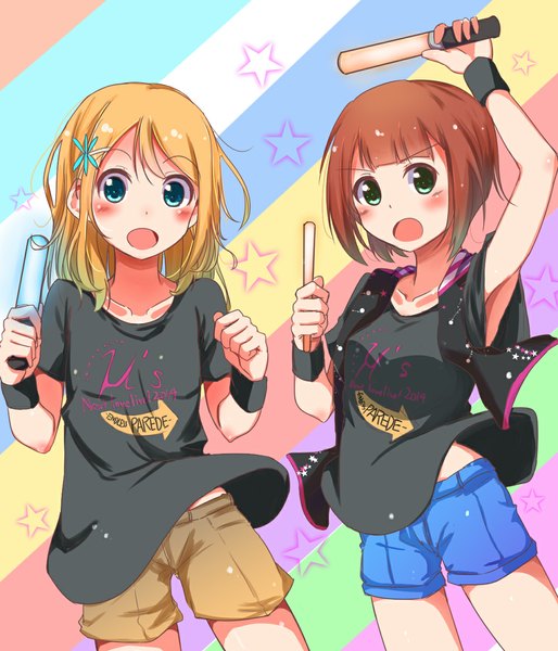 Anime picture 1000x1167 with love live! school idol project sunrise (studio) love live! ayase arisa kousaka yukiho sasahara wakaba long hair tall image blush short hair breasts open mouth blue eyes blonde hair smile brown hair multiple girls holding green eyes arms up