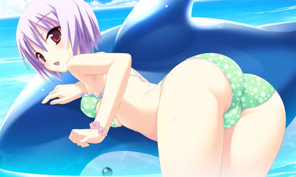 Anime picture 1024x614 with twinkle crusaders melilot short hair open mouth light erotic red eyes wide image game cg purple hair ass girl swimsuit bikini sea floral print bikini