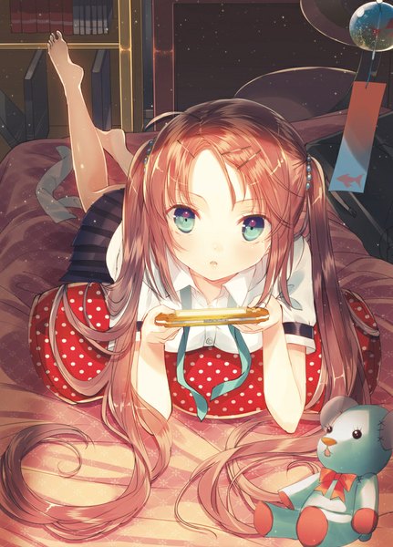 Anime picture 719x1000 with original yosuga ioru single long hair tall image looking at viewer blue eyes brown hair twintails girl skirt shirt pillow psp