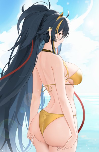 Anime picture 3215x4933 with azur lane harbin (azur lane) harbin (union between sea and sky) (azur lane) qing wu single tall image looking at viewer fringe highres breasts light erotic black hair hair between eyes large breasts standing brown eyes payot absurdres sky cloud (clouds)