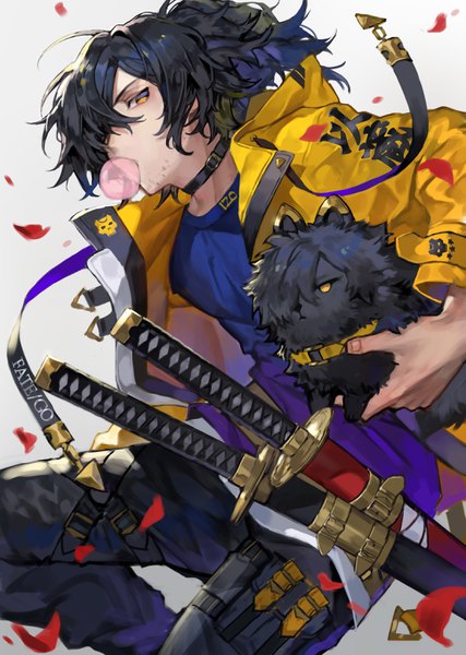 Anime picture 2209x3106 with fate (series) fate/grand order okada izou (fate) okada izou (dog) chyoel long hair tall image looking at viewer fringe highres black hair yellow eyes hair over one eye open jacket alternate costume copyright name sheathed dual persona contemporary bubble blowing