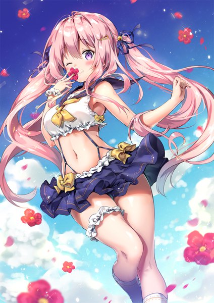 Anime picture 566x800 with original rianastia flugel riichu single long hair tall image looking at viewer blush fringe light erotic smile hair between eyes purple eyes twintails pink hair sky cloud (clouds) outdoors one eye closed wink