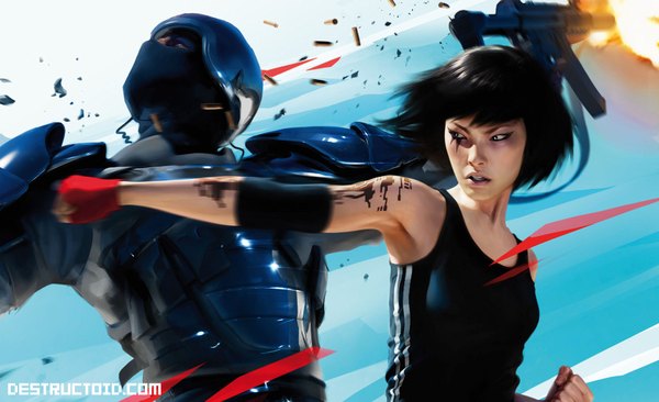 Anime picture 1728x1056 with mirror's edge faith connors highres short hair open mouth black hair wide image looking away realistic inscription armpit (armpits) tattoo girl boy gloves gun t-shirt