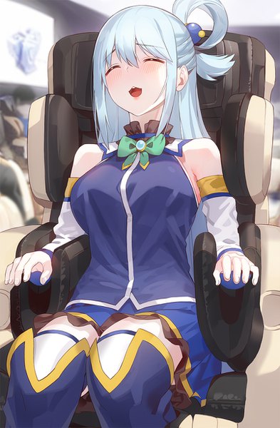 Anime picture 806x1230 with kono subarashii sekai ni shukufuku wo! studio deen aqua (konosuba) kfr single long hair tall image blush fringe breasts open mouth smile hair between eyes bare shoulders payot eyes closed aqua hair happy ^ ^ hair rings