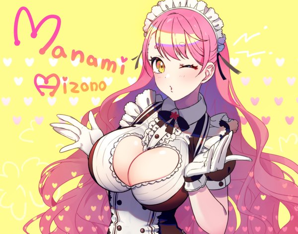 Anime picture 3235x2550 with virtual youtuber nijisanji aizono manami yuura single long hair looking at viewer blush fringe highres breasts light erotic large breasts yellow eyes pink hair absurdres cleavage upper body one eye closed wink