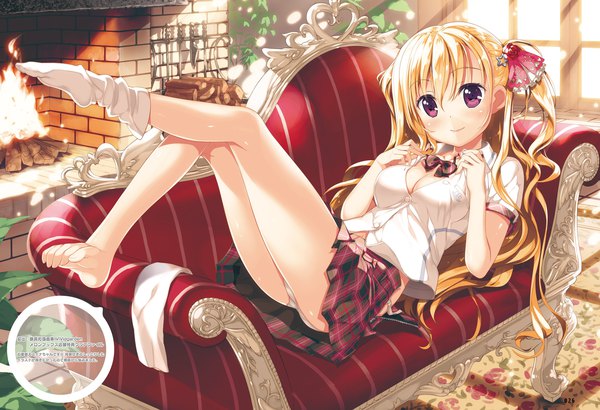 Anime picture 2808x1920 with dengeki moeou fujima takuya single long hair looking at viewer blush fringe highres breasts light erotic blonde hair smile hair between eyes purple eyes twintails full body bent knee (knees) indoors pleated skirt sunlight