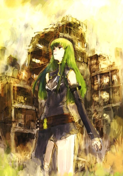 Anime picture 2430x3479 with code geass sunrise (studio) c.c. humi (artist) single long hair tall image fringe highres green eyes green hair ruins girl dress detached sleeves belt