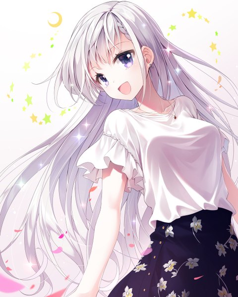 Anime picture 1000x1250 with idolmaster idolmaster cinderella girls idolmaster cinderella girls starlight stage hisakawa hayate mac-kine single long hair tall image looking at viewer fringe open mouth purple eyes silver hair upper body :d sparkle short sleeves floral print girl earrings