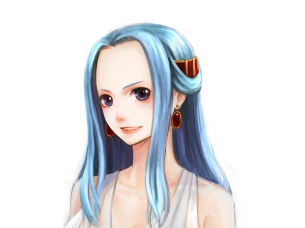 Anime picture 1600x1200 with one piece toei animation nefertari vivi totsukitouka single long hair looking at viewer blush simple background white background purple eyes bare shoulders blue hair light smile girl earrings
