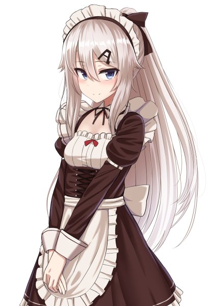 Anime picture 848x1200 with girls frontline 9a-91 (girls frontline) rabochicken single long hair tall image looking at viewer blush fringe breasts blue eyes simple background smile hair between eyes standing white background silver hair ponytail long sleeves head tilt