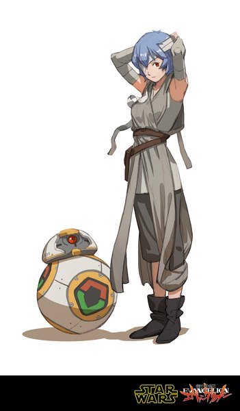 Anime picture 1000x1708 with neon genesis evangelion star wars star wars: the force awakens gainax ayanami rei eva 00 rey (star wars) bb-8 sunkist tall image looking at viewer fringe short hair breasts simple background red eyes white background blue hair one eye closed arms up