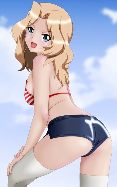 Anime picture 800x1280 with girls und panzer kay (girls und panzer) suzu danna single long hair tall image looking at viewer open mouth blue eyes light erotic blonde hair sky cloud (clouds) girl thighhighs swimsuit bikini white thighhighs shorts