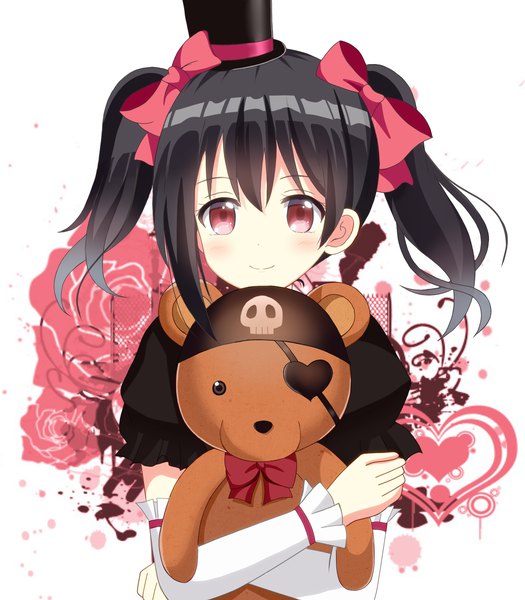 Anime picture 1400x1600 with love live! school idol project sunrise (studio) love live! yazawa nico ryoutan single long hair tall image looking at viewer blush fringe black hair hair between eyes red eyes twintails upper body light smile hug revision girl