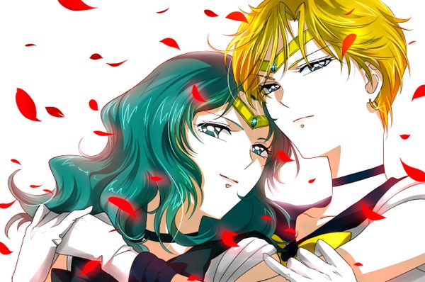 Anime picture 1280x850 with bishoujo senshi sailor moon toei animation kaiou michiru tenou haruka sailor neptune sailor uranus tayuya1130 long hair short hair blonde hair white background multiple girls green eyes green hair girl gloves 2 girls petals