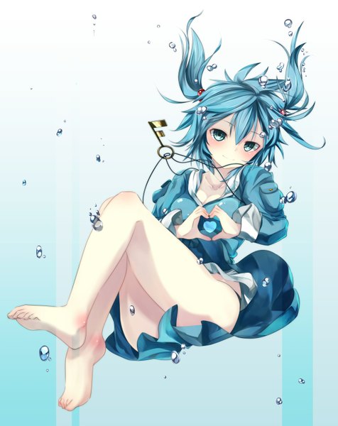Anime picture 1189x1500 with touhou kawashiro nitori gorilla (bun0615) single tall image looking at viewer blush short hair blue eyes light erotic twintails blue hair barefoot bare legs legs short twintails underwater heart hands girl dress