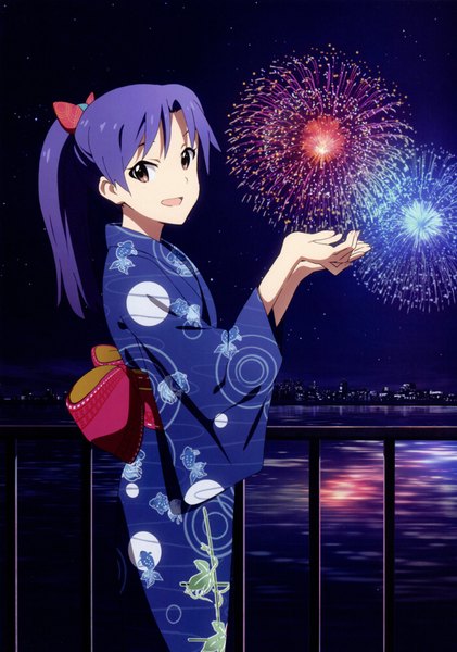 Anime picture 1280x1823 with idolmaster idolmaster (classic) kisaragi chihaya single long hair tall image open mouth brown eyes purple hair ponytail japanese clothes scan night fireworks girl bow hair bow kimono