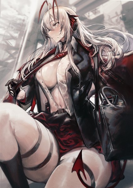 Anime picture 1000x1414 with arknights w (arknights) solfi0211 single long hair tall image fringe breasts light erotic hair between eyes large breasts sitting yellow eyes looking away ahoge tail profile horn (horns) grey hair no bra
