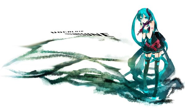 Anime picture 1589x931 with vocaloid hatsune miku single long hair blue eyes wide image standing twintails blue hair very long hair leaning leaning forward copyright name girl thighhighs scrunchie microphone