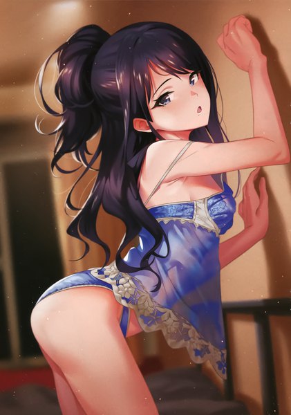 Anime picture 2129x3036 with idolmaster idolmaster shiny colors kazano hiori fukushi ryouhei single long hair tall image looking at viewer blush fringe highres breasts open mouth blue eyes light erotic black hair payot indoors blurry scan