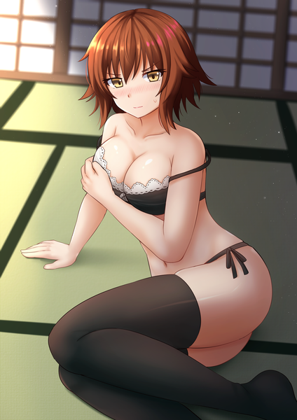 Anime picture 2852x4034 with grand blue kotegawa chisa kazenokaze single tall image looking at viewer blush fringe highres short hair breasts light erotic hair between eyes brown hair bare shoulders yellow eyes bent knee (knees) indoors arm support bare belly