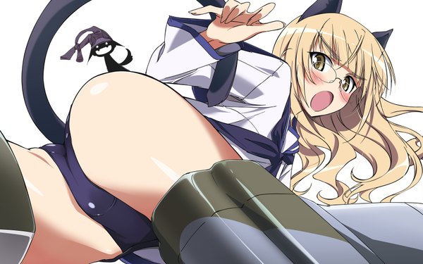 Anime picture 3500x2188 with strike witches perrine h. clostermann long hair blush highres open mouth light erotic blonde hair wide image animal ears yellow eyes absurdres ass tail looking back vector uniform swimsuit school uniform glasses