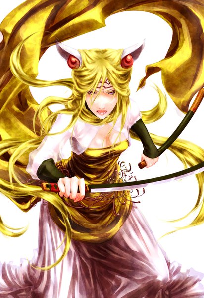 Anime picture 1280x1863 with moneynew long hair tall image open mouth blonde hair red eyes animal ears tattoo chinese zodiac tiger (chinese zodiac) girl dress sword katana higanbana
