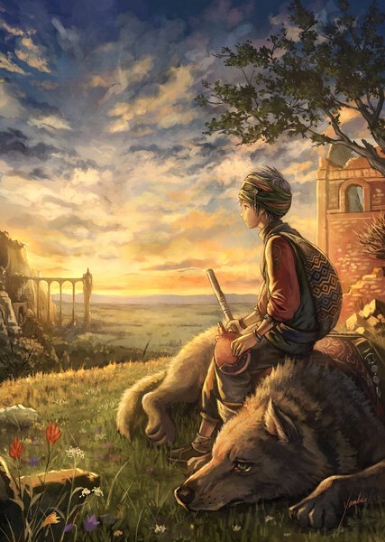 Anime picture 1200x1686 with original anbe yoshirou single tall image short hair sitting holding looking away sky cloud (clouds) lying profile grey hair sunlight evening sunset horizon mountain ruins boy