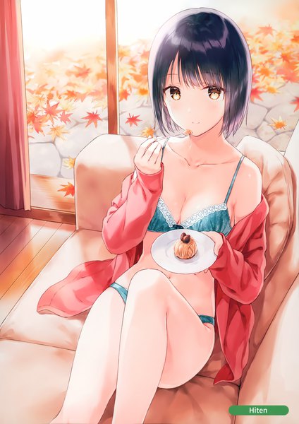 Anime picture 2496x3535 with melonbooks hiten (hitenkei) single tall image looking at viewer blush fringe highres short hair breasts light erotic black hair smile sitting bare shoulders signed yellow eyes cleavage bent knee (knees) indoors