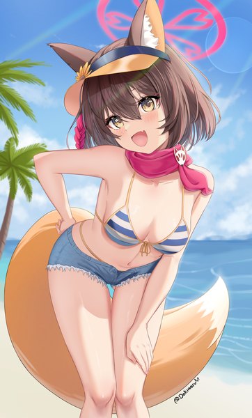 Anime picture 2602x4313 with blue archive izuna (blue archive) izuna (swimsuit) (blue archive) dokimaru single tall image blush fringe highres short hair breasts open mouth light erotic hair between eyes brown hair standing signed animal ears yellow eyes looking away