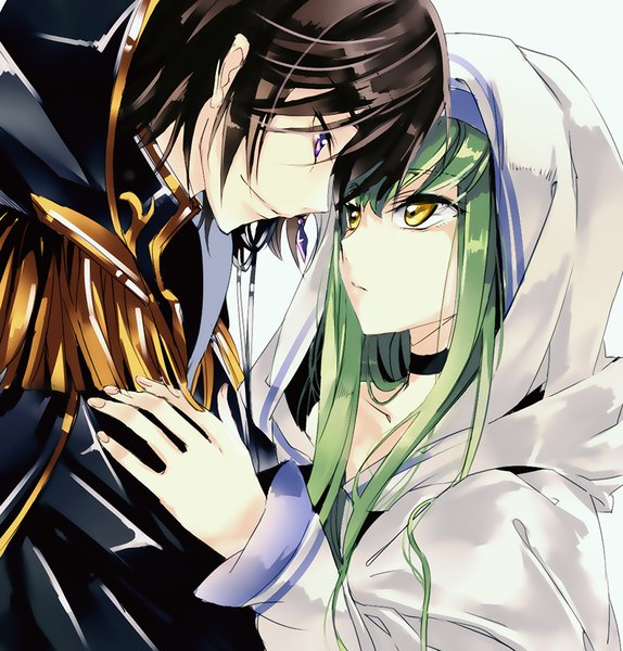 Anime picture 878x918 with code geass sunrise (studio) c.c. julius kingsley meimi k long hair tall image fringe short hair black hair simple background smile hair between eyes white background purple eyes yellow eyes payot upper body long sleeves green hair