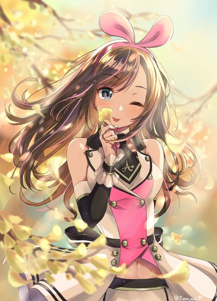 Anime-Bild 1002x1392 mit virtual youtuber a.i. channel kizuna ai timo wei95 single long hair tall image looking at viewer blush fringe breasts open mouth blue eyes brown hair standing bare shoulders signed payot head tilt one eye closed