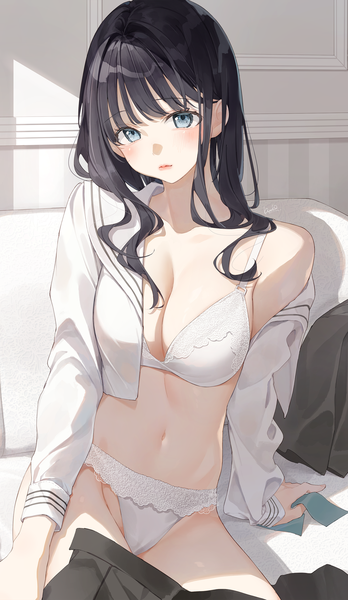 Anime picture 1400x2413 with original kinako (shiratama mochi) single long hair tall image looking at viewer blush fringe breasts blue eyes light erotic black hair sitting signed indoors long sleeves head tilt off shoulder arm support light