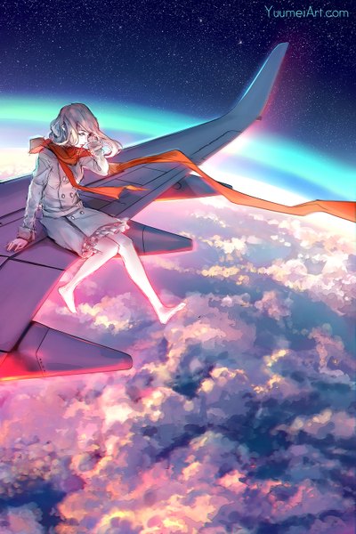 Anime picture 1000x1500 with original yuumei single long hair tall image blue eyes blonde hair sitting signed looking away cloud (clouds) full body bent knee (knees) long sleeves profile barefoot from above night night sky watermark