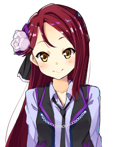 Anime picture 618x800 with love live! sunshine!! sunrise (studio) love live! sakurauchi riko syuurin single long hair tall image looking at viewer blush simple background smile white background yellow eyes upper body red hair hair flower girl hair ornament flower (flowers)