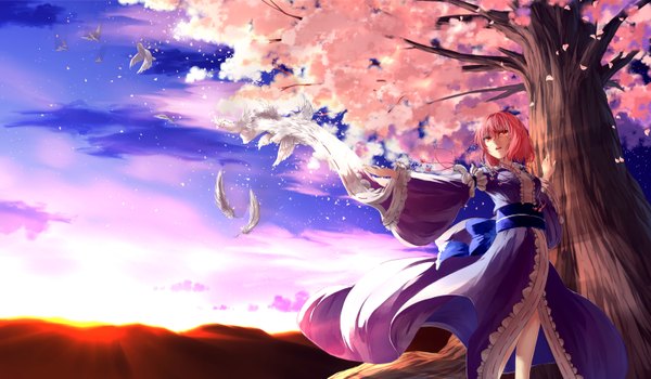 Anime picture 1500x875 with touhou saigyouji yuyuko ibuki notsu single short hair open mouth red eyes wide image pink hair sky cloud (clouds) cherry blossoms evening sunset girl dress plant (plants) animal tree (trees) bird (birds)