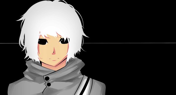 Anime picture 4140x2249 with miisa-011 single highres short hair simple background wide image absurdres white hair grey hair black eyes black background boy coat thread