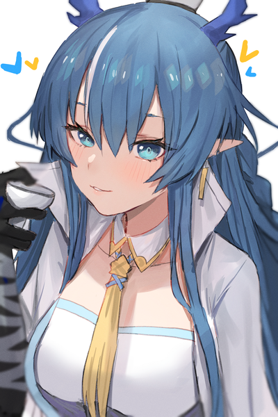 Anime picture 1500x2250 with arknights ling (arknights) horn/wood single long hair tall image blush fringe blue eyes simple background smile hair between eyes white background holding blue hair looking away upper body parted lips multicolored hair pointy ears