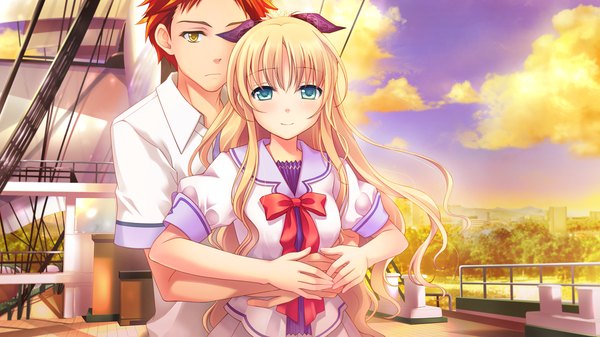 Anime picture 1280x720 with astraythem ginta long hair short hair blonde hair wide image green eyes yellow eyes game cg red hair hug girl boy uniform school uniform