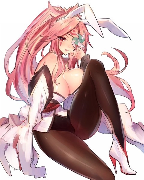Anime picture 800x1000 with guilty gear guilty gear xrd baiken oro (sumakaita) single long hair tall image looking at viewer breasts open mouth light erotic simple background large breasts white background sitting bare shoulders animal ears pink hair cleavage bent knee (knees)