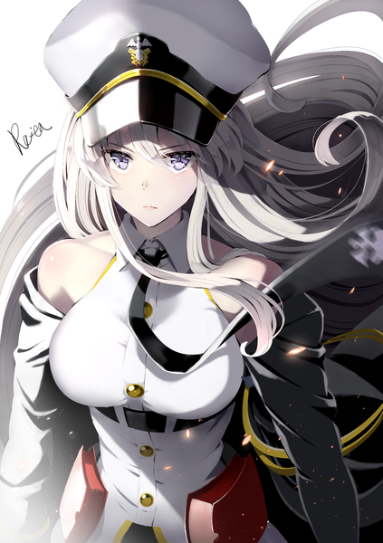Anime picture 1416x2006 with azur lane enterprise (azur lane) hoshizaki reita single long hair tall image looking at viewer blush fringe breasts simple background hair between eyes large breasts standing white background bare shoulders signed upper body long sleeves blurry