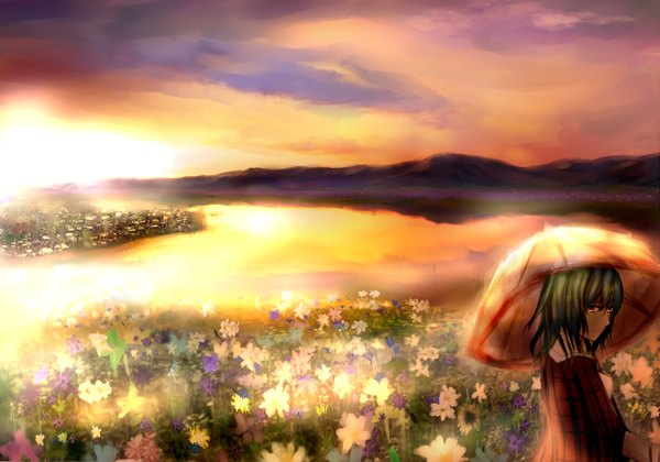 Anime picture 2000x1400 with touhou kazami yuuka misaka 12003-gou single long hair highres standing brown eyes sky cloud (clouds) green hair evening mountain landscape lake girl flower (flowers) umbrella