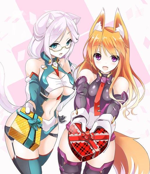 Anime picture 861x1000 with original rika eastre sharon catiey fatkewell long hair tall image looking at viewer blush breasts open mouth light erotic smile large breasts purple eyes bare shoulders multiple girls animal ears silver hair tail animal tail