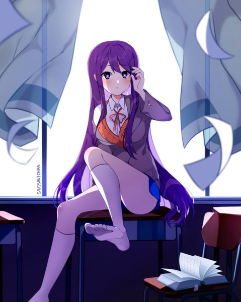 Anime picture 1875x2350 with doki doki literature club yuri (doki doki literature club) savi (byakushimc) single long hair tall image looking at viewer blush highres light erotic sitting purple eyes signed payot purple hair bent knee (knees) indoors long sleeves parted lips arm up