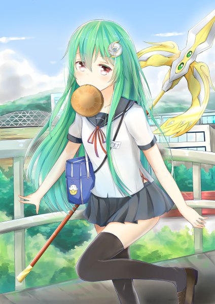 Anime picture 868x1228 with puzzle & dragons athena (p&d) konka single long hair tall image looking at viewer purple eyes holding sky cloud (clouds) green hair mouth hold girl thighhighs skirt uniform hair ornament black thighhighs serafuku