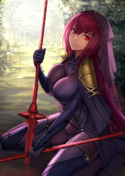 Anime picture 707x1000 with fate (series) fate/grand order type-moon scathach (fate) (all) scathach (fate) shijiu (adamhutt) single long hair tall image looking at viewer breasts light erotic red eyes purple hair girl gloves weapon black gloves elbow gloves bodysuit