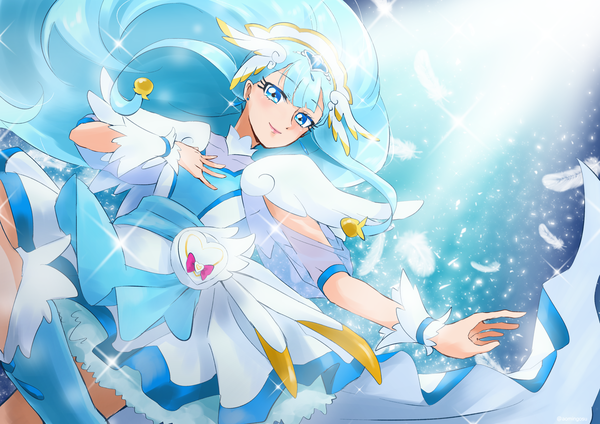 Anime-Bild 3541x2508 mit precure hugtto! precure toei animation yakushiji saaya cure ange ao mikan single long hair looking at viewer fringe highres blue eyes blue hair absurdres light smile sparkle hand on chest magical girl girl dress