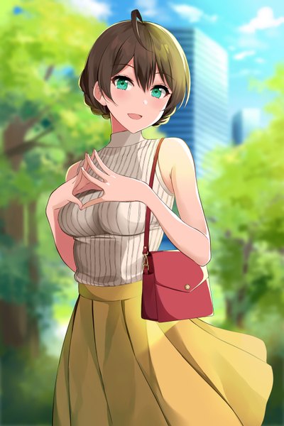 Anime picture 2400x3600 with idolmaster idolmaster million live! idolmaster million live! theater days sakuramori kaori asato (fadeless) single tall image looking at viewer blush fringe highres short hair open mouth smile hair between eyes brown hair sky cloud (clouds) ahoge outdoors