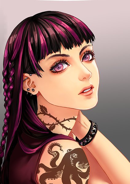 Anime picture 595x842 with original jounetsunoakai single long hair tall image fringe black hair simple background bare shoulders pink hair blunt bangs braid (braids) parted lips pink eyes multicolored hair lips grey background two-tone hair tattoo piercing