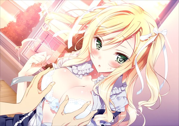 Anime picture 1024x725 with friends (game) kamiya maneki long hair blush open mouth light erotic blonde hair green eyes game cg breast grab girl uniform ribbon (ribbons) hair ribbon school uniform